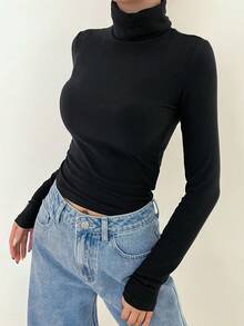 DAZY Solid High Neck Tee Long Sleeve Women Tops - Black - View 4