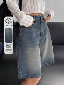Dazy Tall Shorts vaqueros casuales de estilo callejero holgados para mujer - Azul lavado medio - Ver 1