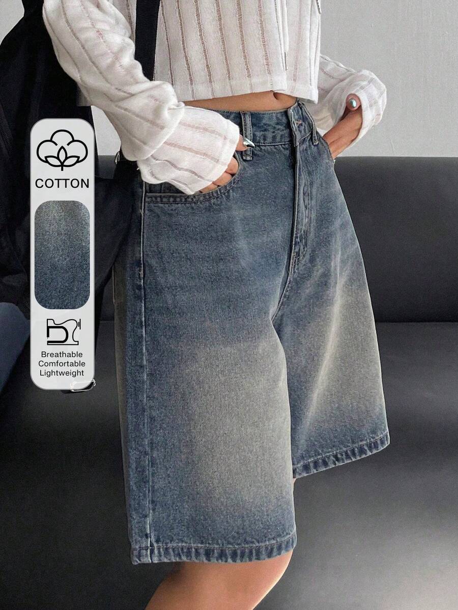 Dazy Tall Shorts vaqueros casuales de estilo callejero holgados para mujer - Azul lavado medio - Ver 1