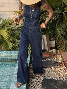 DAZY Women's Round Neck Sleeveless Jumpsuit, Casual Streetwear Washed Denim Jumpsuit Vacation Navy Blue Summer - Blue - View 5