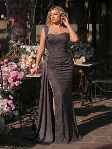 Glamrae Plus Size Elegant,Luxurious Satin Ruched Lace Patchwork Mermaid Slit Off-Shoulder Dress For Weddings,Prom,Parties,Banquets,Dark Green,Winter,Formal - Coffee Brown - View 1