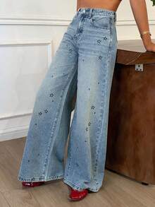 DAZY Women's Regular Waist Rhinestone Embellished Loose Straight Leg Casual Jeans - Medium Wash - View 5