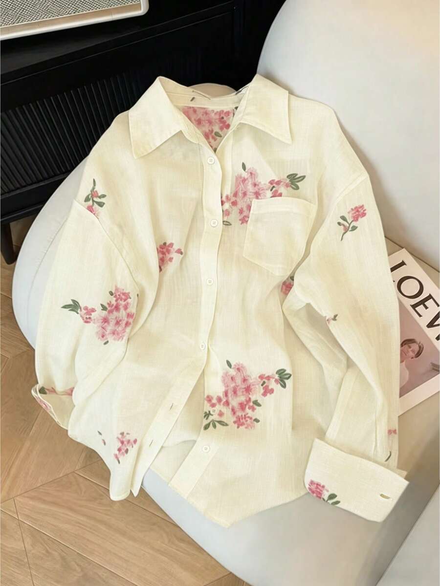 INAWLY 女士时尚休闲浪漫刺绣花卉长袖纽扣衬衫 - 杏色 - 查看 1