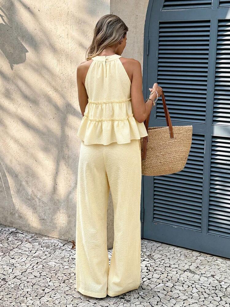 Conjunto casual de 2 piezas con top halter de cuello con volantes y pantalones a rayas para mujer - Caqui - Añade 7