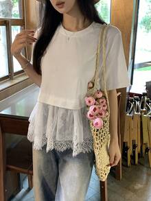 Blusa de verano casual de mujer de unicolor, cuello redondo ajustado, manga corta con aplicación de encaje - Blanco 5 - Ver 5