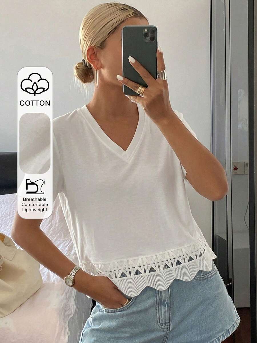 Livesso Women's Solid Color Crew Neck Short Sleeve Patchwork Lace Trim Casual Summer Top - White - View 1