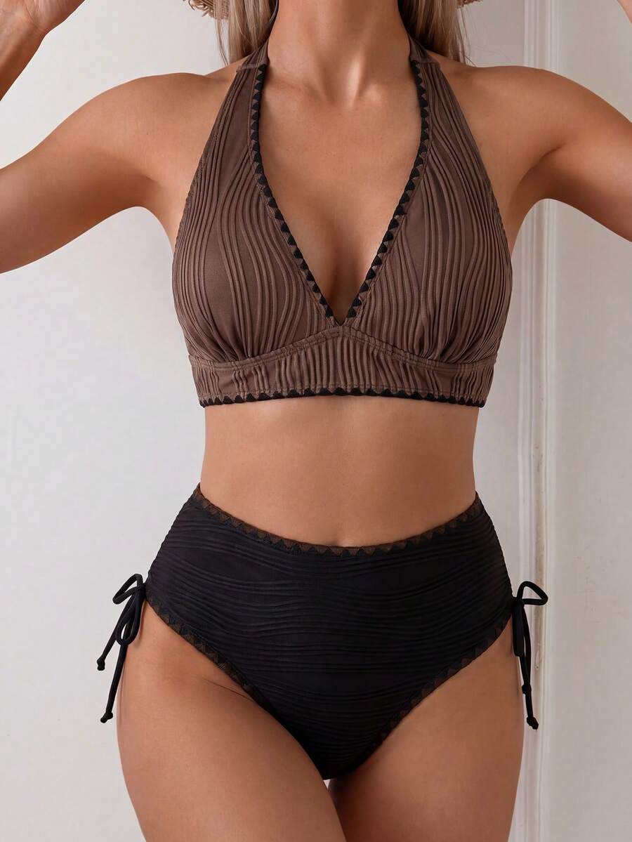 Swim Basics 两件套女士性感罗纹撞色比基尼泳衣套装 - 彩色 - 查看 1