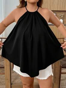 SHEIN CURVE+ Áo kiểu yếm cổ yếm màu trơn dáng rộng, vạt bất đối xứng, cỡ lớn, phong cách thường ngày. - màu đen - Xem 4