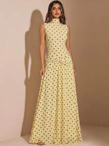 SHEIN BAE Đầm chữ A không tay cổ cao xếp ly màu vàng nền chấm bi nâu, đầm thanh lịch, đầm đi nghỉ mát, đầm phù dâu, đầm dự tiệc sinh nhật, đầm đi học/lễ tốt nghiệp. - Màu vàng - Xem 1