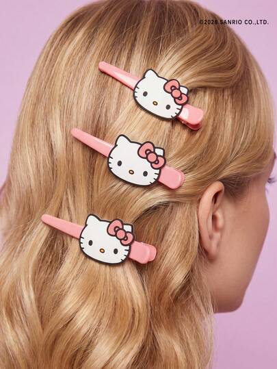 HELLO KITTY AND FRIENDS | Joivida 3-delad rosa kattformad hårspänne i ABS + PVC med mjuk gel | Sidolugg för kvinnor | Sömlös hårspänne för att fixera håret | Söt flickvänlig håraccessoar