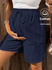 Boho Mama Adjustable Waist Textured Maternity Shorts, Fashionable Versatile Solid Color Tie-Up - Royal Blue - View 1