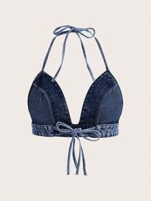 SHEIN EZwear Áo denim hở lưng cổ yếm gợi cảm - Rửa trung bình - Xem 2