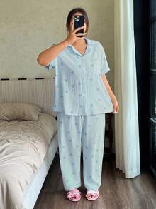 SHEIN Napfluff CURVE Plus Size Ruffled Collar Open Front Butterfly Striped Print Short Sleeve Pajama Set - Blue - View 3