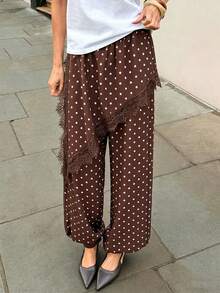 Pariaura Pantalones anchos de mujer con patchwork de encaje y lunares retro - Café integral - Ver 1