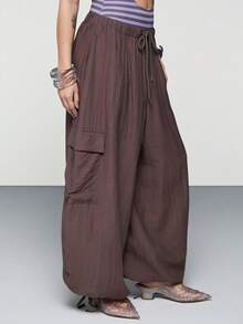 COUREZ Drop Crotch Baggy Balloon Cargo Trousers In Linen/Y2K Summer Outfits For Women Bottoms Party Festival Clothes Spring - Brown - View 5