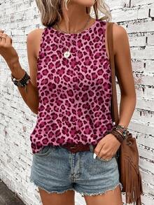 SHEIN LUNE Women's Leopard Print Round Neck Casual Tank Top - Multicolor - View 6