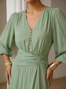 ZEYLAH Vestido elegante y romántico con cintura ceñida y fruncido, para primavera/verano - Verde - Ver 2