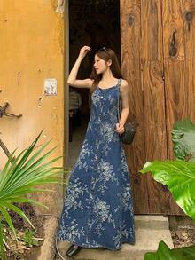 DAZY Vestido vaquero largo de línea A con estampado floral completo, tirantes finos y textura en la cintura, elegante y casual, para mujer. Vestidos de verano para mujeres - Azul - Ver 7