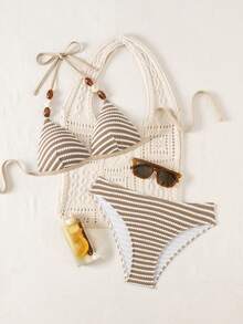 Swim Vcay Bộ bikini tam giác hai mảnh màu trơn dành cho nữ, dây mảnh, đính ngọc trai, buộc dây phía sau. - Nhiều màu - Xem 3