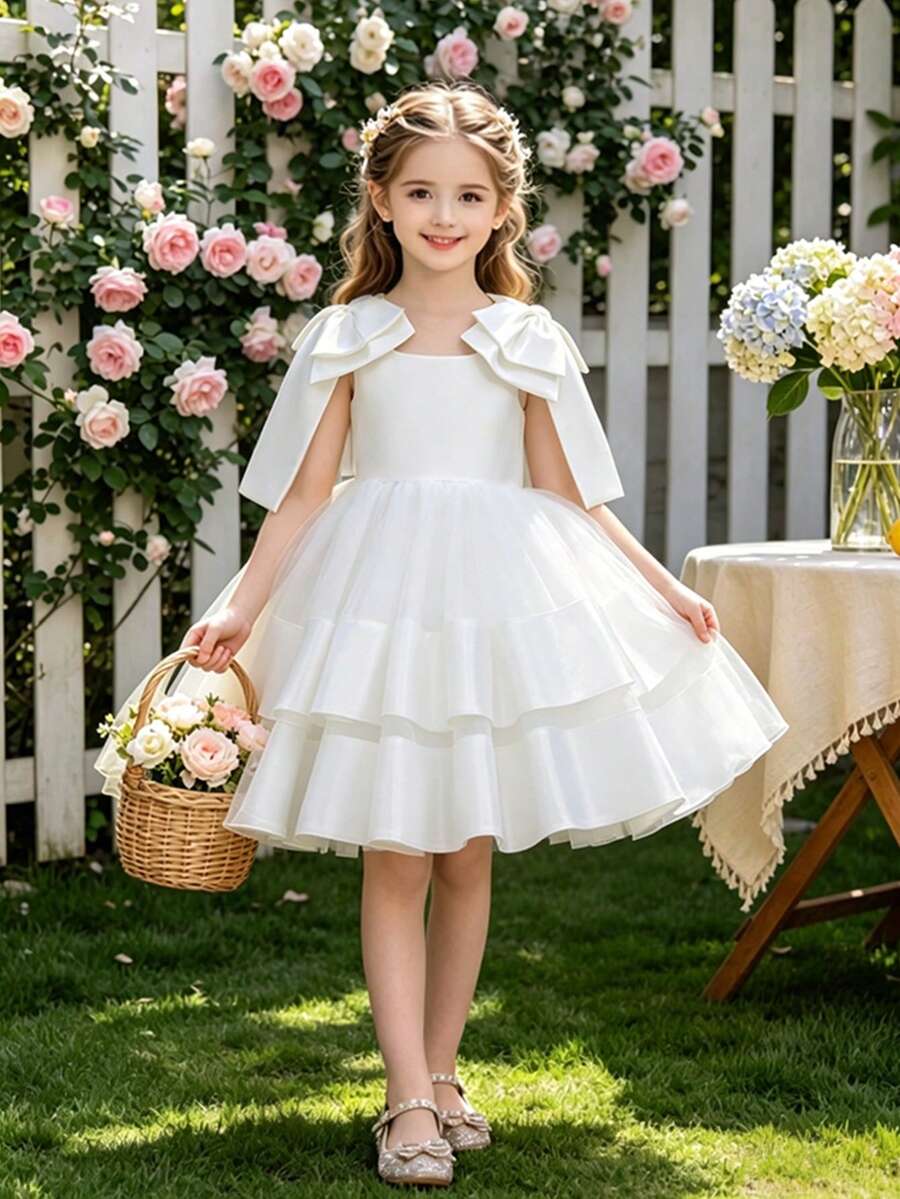 Glamorique Kids 小女孩生日走秀钢琴演奏会薄纱礼服,儿童派对礼服,新款时尚花童婚礼公主裙 - 白色 - 查看 1