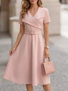 Miaspire Middle-Aged Elderly Women's Elegant Casual Solid Color Belted Commuter Summer Dress,Pink Festival Outfit,Formal Office Mother Of The Bride Outfits - Dusty Pink - View 1