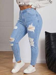 Firerie Plus Size Light Blue Ripped Skinny Stretch Jeans Formal Summer Casual - Light Wash - View 6
