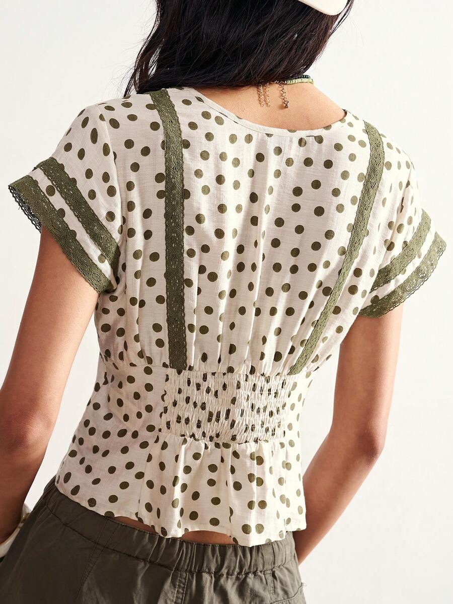 Bohemela Áo sơ mi nữ cổ chữ V tay ngắn chất liệu chiffon, thích hợp cho kỳ nghỉ xuân/hè. - Màu be - Xem 1