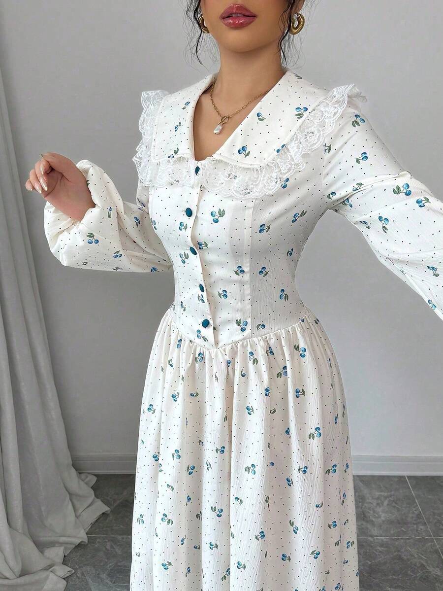Modelyn 女士梭织花卉印花荷叶边长袖纽扣A字连衣裙 - 藍色 - 查看 1