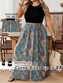 SHEIN CURVE+ Chân váy cỡ lớn in họa tiết toàn thân, cạp chun, thích hợp cho các dịp lễ hội, đám cưới, đi học. - Nhiều màu - Xem 1