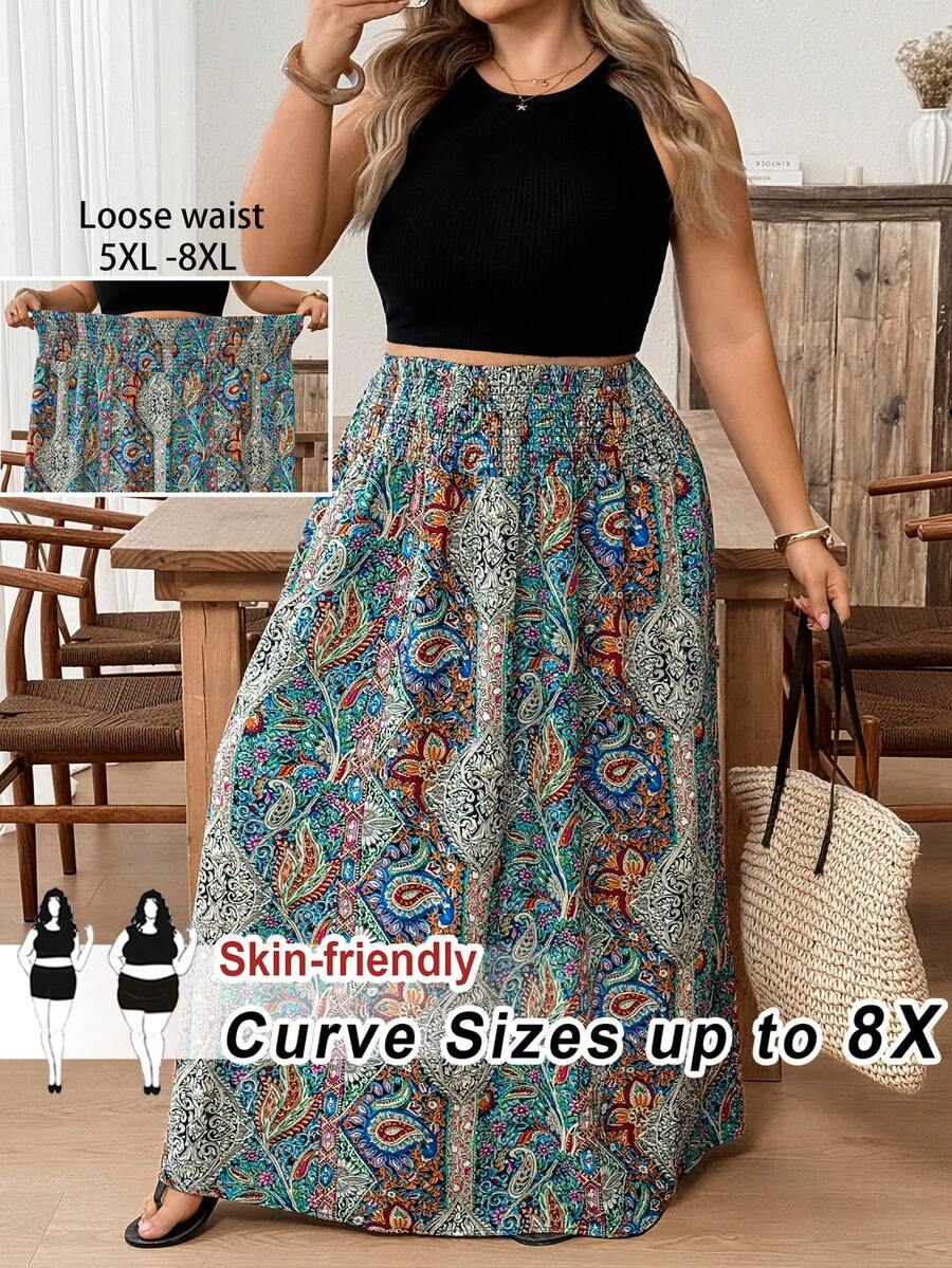 SHEIN CURVE+ Chân váy cỡ lớn in họa tiết toàn thân, cạp chun, thích hợp cho các dịp lễ hội, đám cưới, đi học. - Nhiều màu - Xem 1