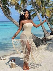 SHEIN BamGlam Women's Solid Color Fringe Hem Strapless Dress Light Beige,Summer,Casual,Holiday,Vacation,Holiday Island Beach Outfits Y2K Mesh Club Party Wear - Apricot - View 1
