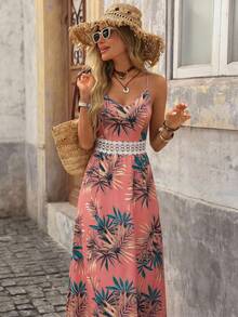 Brillora Women's Tropical Plant Print Lace Patchwork Slip Dress,Dresses For Women Summer - Coral Pink - View 4