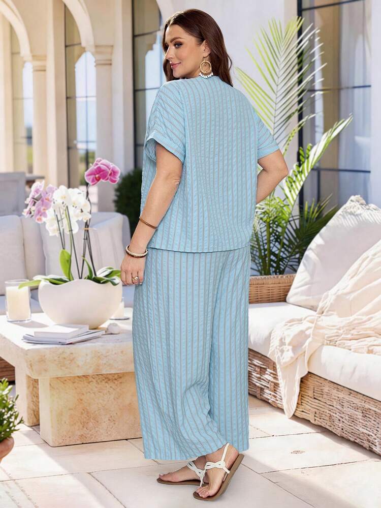2pc Set  Plus Size Women's Summer Casual Vacation Country Blue Striped Short Sleeve Blouse Top Shirt And Wide Leg Pants 2 Pieces Set With Pockets,Suitable For Summer Vacation,Casual Holiday Style,Summer Outfits For Women ,Vacation Outfits Women ,Holiday Outfits For Women,Going Out Outfits, New Clothes,Simple And Fashionable For Everyday Wear,Suitable For Summer, Vacation, Daily Wear, Festival Outfits For Women,Country Concert Outfit,Beach Outfits For Women,Western Style,Gifts For Mother,Boho Pant Set,Modest Two Piece Set, Plus Size Summer Sets,Plus Size Pants Set,Boho Set,Boho Pants Set For Women,Wide Leg Pants Set,2 Piece Casual Sets Woman,Two Piece Set Women, Lounge Sets For Women Summer