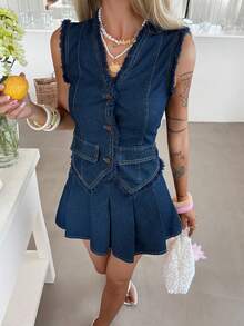 DAZY Bộ đồ nữ mùa hè không tay cổ chữ V, có tua rua ở eo, gồm áo khoác cardigan và chân váy denim ngắn, kiểu dáng thường ngày. - Rửa tối - Xem 4