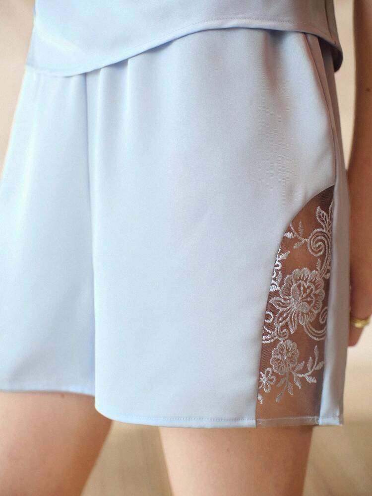 WOMEN SOLID COWL NECK CAMI TOP & EMBROIDERY FLORAL MESH INSERT SHORTS PAJAMA SET