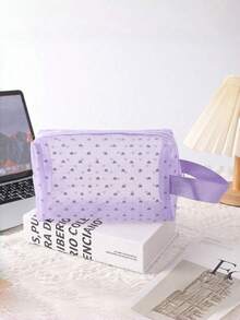 1PC Heart Print Mesh Makeup Bag - Boho Purple Toiletry Cosmetic Purse With Zipper Portable Organizer For Home Office Travel Christmas Gift - Purple - View 6