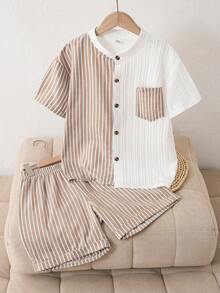 SHEIN 2pcs/Set Tween BoyCasual Striped Texture Shirt & Shorts Set, Comfortable Fashionable Outfit - Khaki - View 5