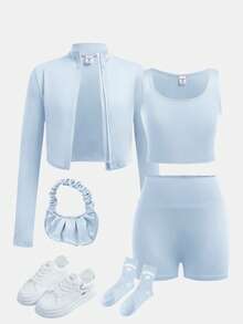 SHEIN Bộ 3 món thể thao mùa xuân/hè/thu cho bé gái, nhẹ nhàng, thoải mái gồm áo khoác cardigan cổ đứng có khóa kéo, áo vest ngắn cổ tròn và quần short ôm eo co giãn. - Màu xanh lam - Xem 2