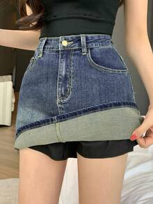 FRIFUL Chân váy denim nữ kiểu dáng thường ngày, đa năng, có túi xéo và lớp lót, thích hợp cho mùa hè. - Màu xanh lam - Xem 13