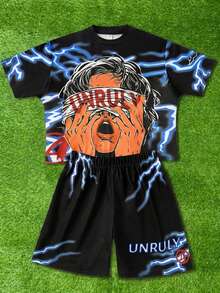 SHEIN 2pcs/Set Teen Boy Casual Black Cartoon + Lightning Pattern Short Sleeve T-Shirt And Shorts Set, Street Punk Rock School Style Outfit For Daily, Party, Music Festival, Spring/Summer - Black - View 6