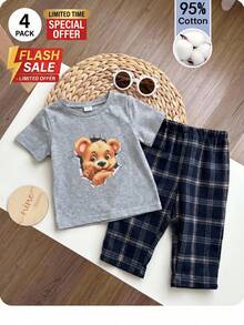 SHEIN Bộ đồ ngủ 2 mảnh kẻ caro cho bé trai Dozemod Kids gồm áo thun có túi và quần short kẻ caro, đồ ngủ thoải mái thường ngày. - Xanh và trắng - Xem 8