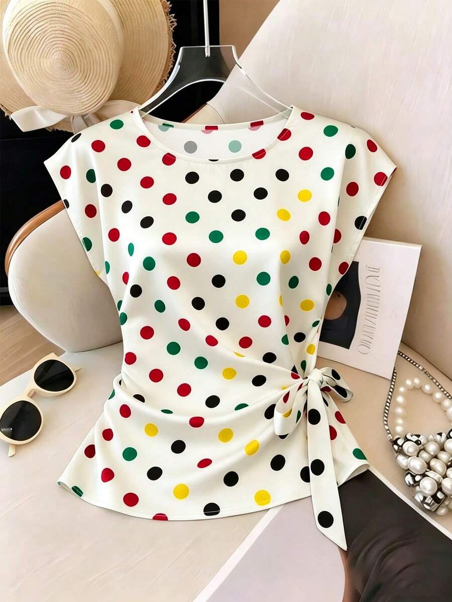 Franclia Áo thun satin nữ cổ tròn, thắt nơ, xếp ly, in họa tiết chấm bi nhiều màu sắc. - Nhiều màu - Xem 1