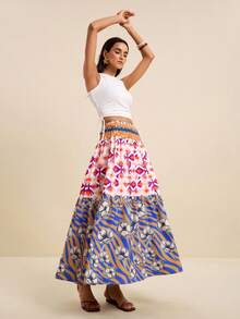 LOTSLUV Women's Blue And Pink Floral Print A-Line Skirt Suitable For Spring Summer Holiday Midi Elegant Boho Pockets Beach Picnic Festival Skirt - Multicolor - View 4