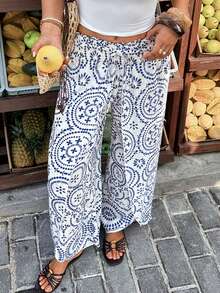 SHEIN Frenchy Celana Panjang Wanita Motif Cetak Seluruh Permukaan dengan Ikat Pinggang, Model Longgar, dan Potongan Silang di Depan, Kaki Lebar - Biru - View 7