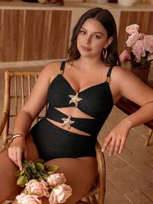 Swim Chiccia 大码女士优雅纯色连体泳衣 - 黑色 - 查看 4