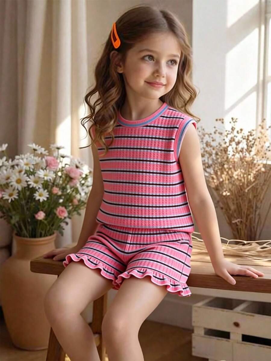 SHEIN Elladie kids 2件套女童条纹提花针织宽松背心短裤套装，适合休闲、度假、运动、夏季穿着