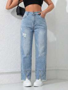 Set 2 Jeans Mom High Rise Pants Light Dark Dark Torn Ankle Closure - Azul Cielo Deslavado y Azul Hielo Suave - View 3