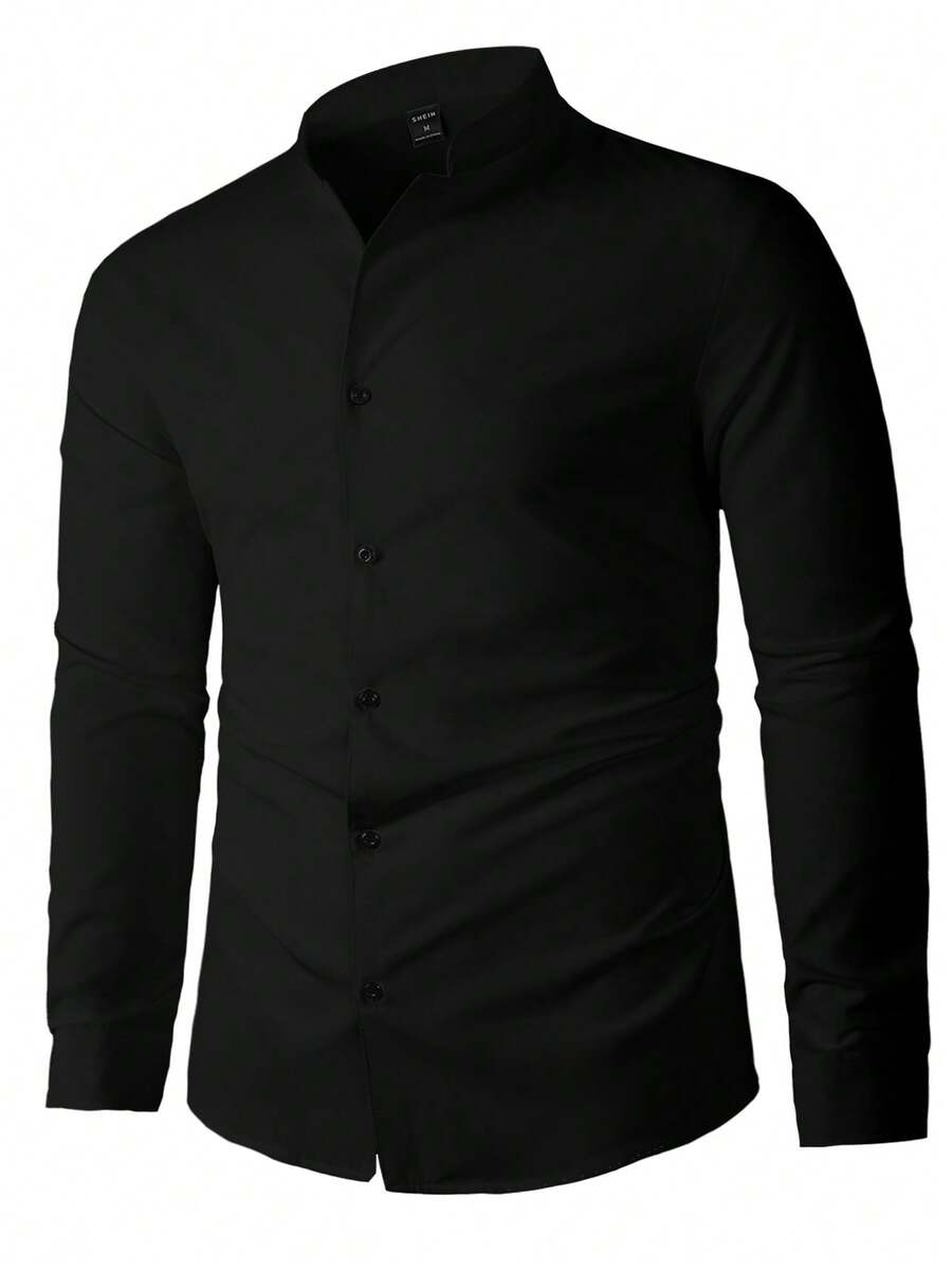 Calvornis Camisa formal de manga larga con cuello alto de unicolor para hombres, para otoño, ceremonia - Negro - Ver 1