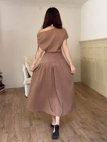 Feyla Women's Solid Color Ruched Asymmetric Waist Elegant Elegant Midi Dress For Party Garden Party Coffee Brown Summer - Coffee Brown - View 7