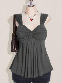 SHEIN ICON 大码女式黑色扭结前襟无袖娃娃衫针织上衣，Y2K风格返校夏季服装，可爱上衣 - 灰色 - 查看 1